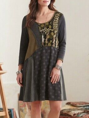 Hand Jive Patchwork Long-Sleeve  Dress